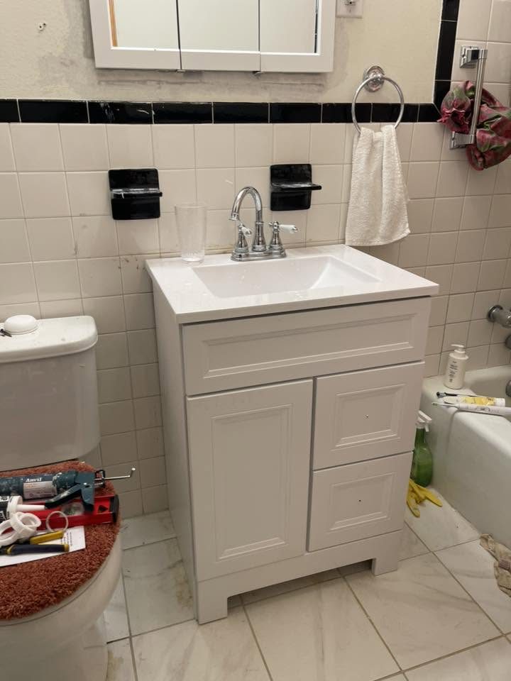 Finished bathroom vanity in a Central Virginia remodel
